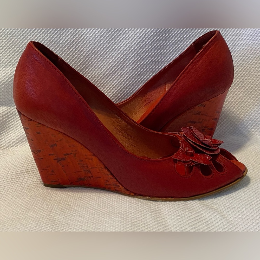 Paola Ferri Red Wedge Peep-Toe Pumps with Floral Accent